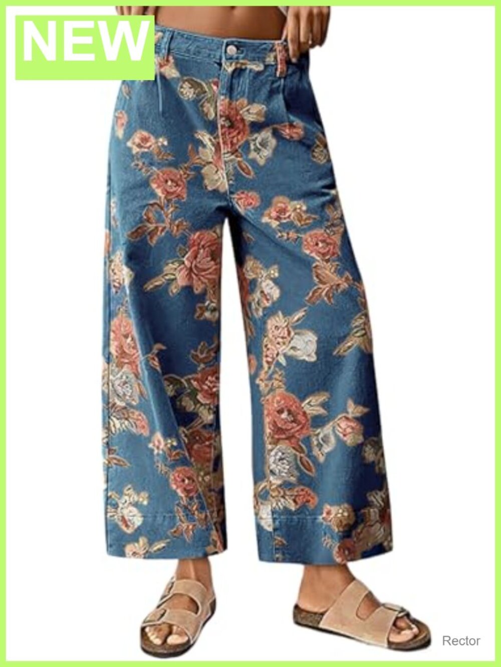 Mid Rise Cropped Wide Leg Floral Jeans Baggy Ankle Denim Capris - Picture 1 of 6